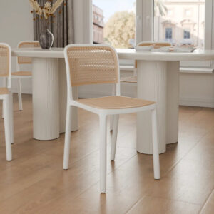 כיסא אוכל פנים וחוץ דמוי ראטן - כיסא מודרני לפינת אוכל ומרפסת לבן וראטן