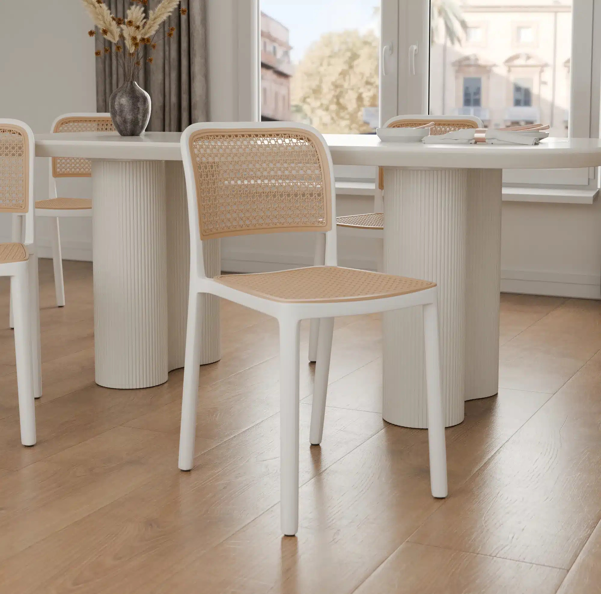 כיסא אוכל פנים וחוץ דמוי ראטן - כיסא מודרני לפינת אוכל ומרפסת לבן וראטן